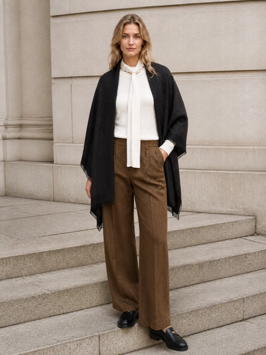 I have anchored the outfit in tailored separates rather than a dress so the Tory Burch wrap can read as the key outer layer, echoing its drape with Totême’s scarf-neck knit. Camel wide-leg tailoring and structured black loafers keep the mood quietly polished and urban, with the suede-and-leather tote bridging the chocolate, camel and charcoal tones into one calm, minimalist story. The result is a soft but authoritative winter ensemble that feels considered from coffee meetings to early dinner reservations.