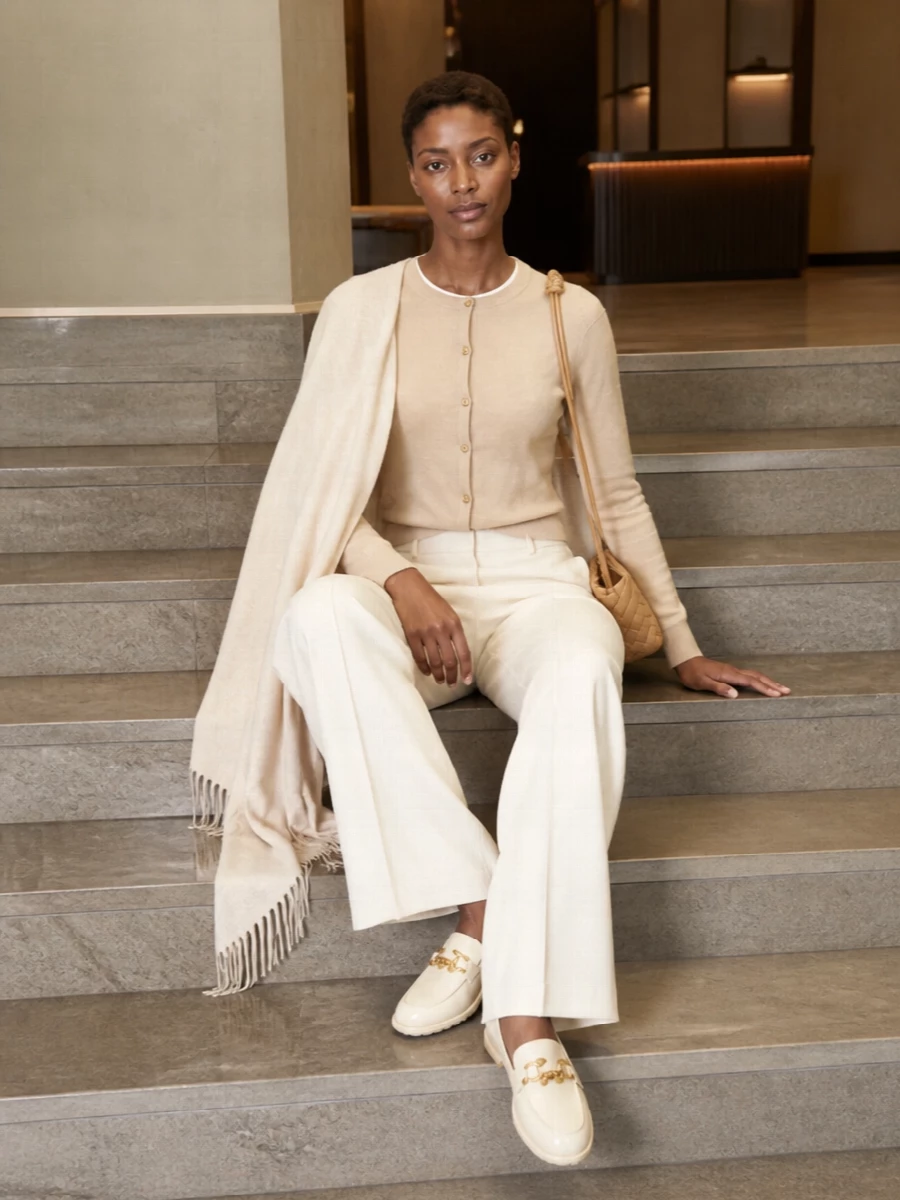 Bottega veneta camel cardigan ivory trousers outfit