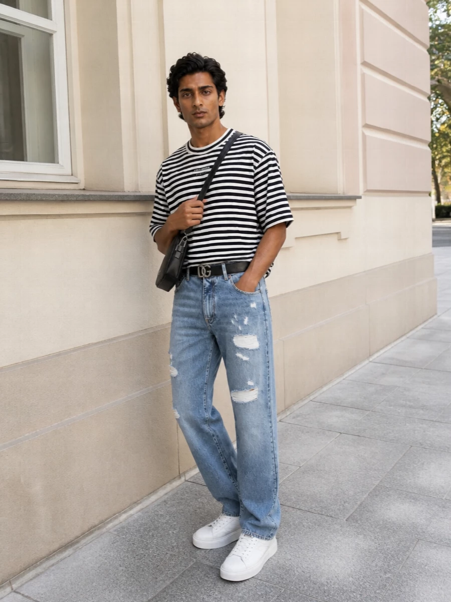 Dolce gabbana striped tee distressed jeans outfit
