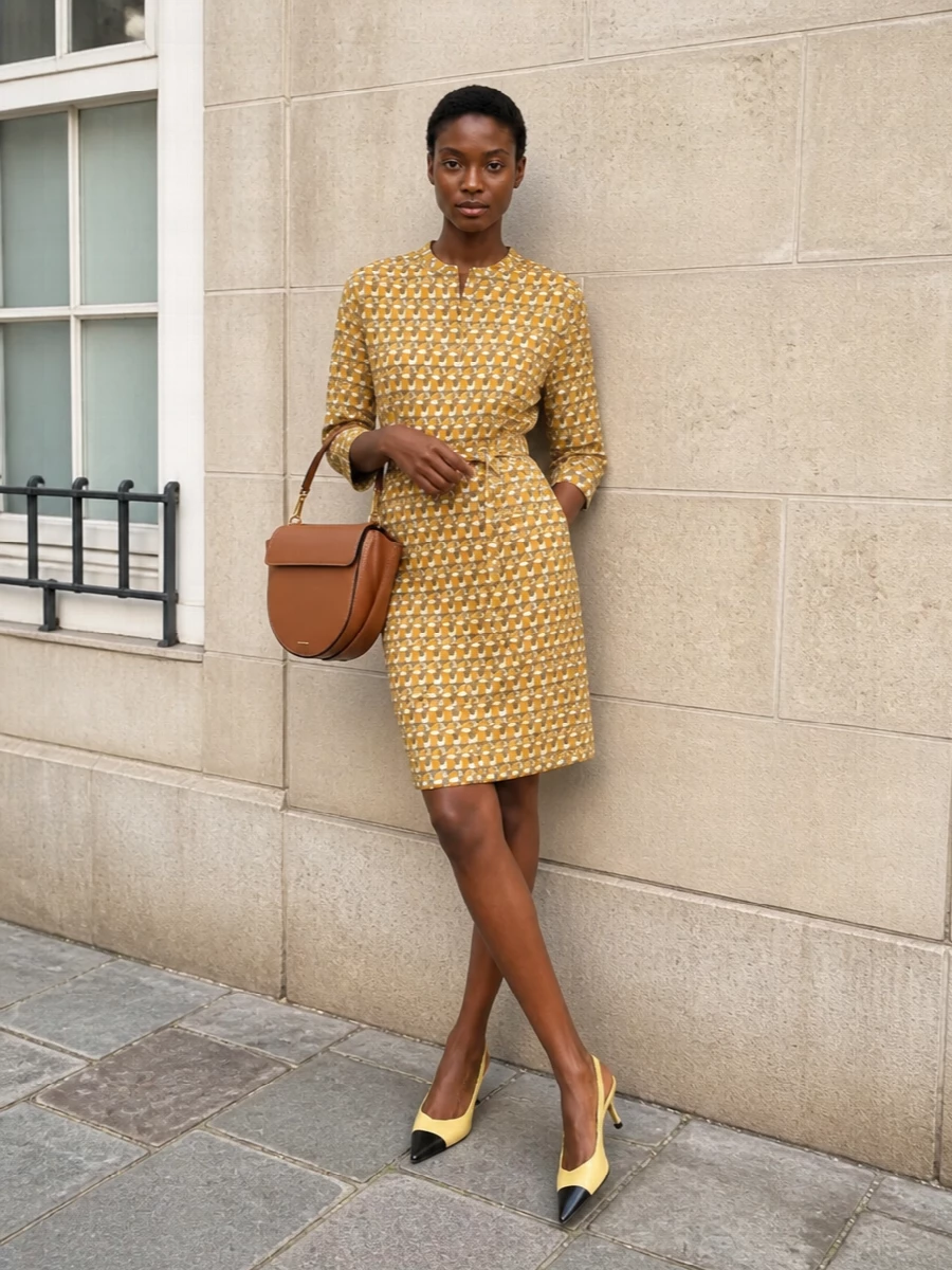 This look balances the printed Max Mara shirt dress with sleek, feminine structure: butter-yellow cap-toe slingbacks pick up the mustard tones while adding just the right amount of height and polish. A warm cognac saddle bag grounds the palette and brings quiet, architectural structure, keeping the outfit refined yet easy for city days and relaxed evenings alike.