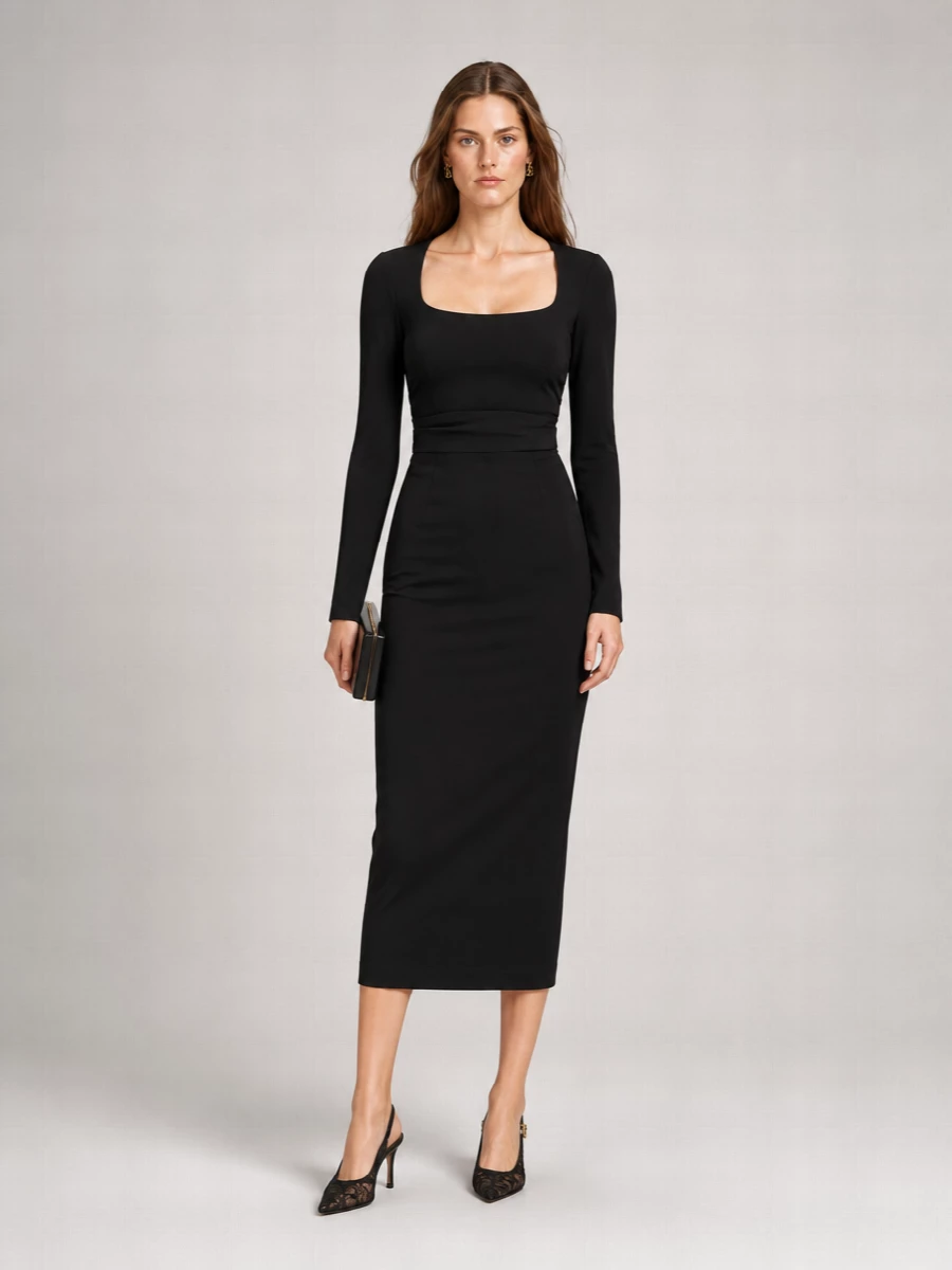 Dolce&Gabbana Jersey Draped Long-Sleeve Midi Dress