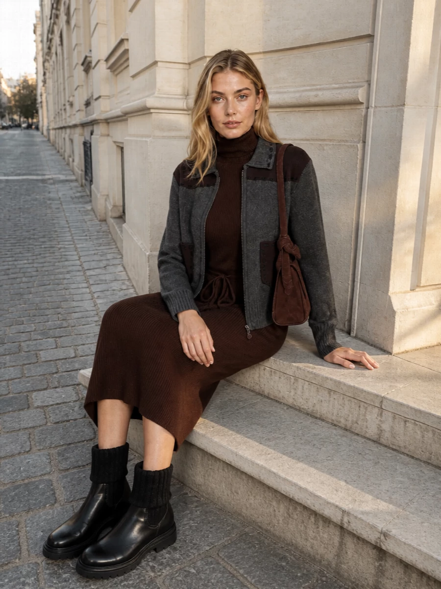 I am building around the dress rather than adding another top and bottom, because the jacket already provides structure and the slim knit midi keeps the overall line long and clean. The chocolate ribbed dress, charcoal-and-brown knit jacket, lug-soled black boots and suede shoulder bag sit in the same quiet-luxury tier, with a tactile mix of knits and suede that still reads precise and urban. It is an easy winter city outfit that moves from desk to low-key dinner without any styling fuss.