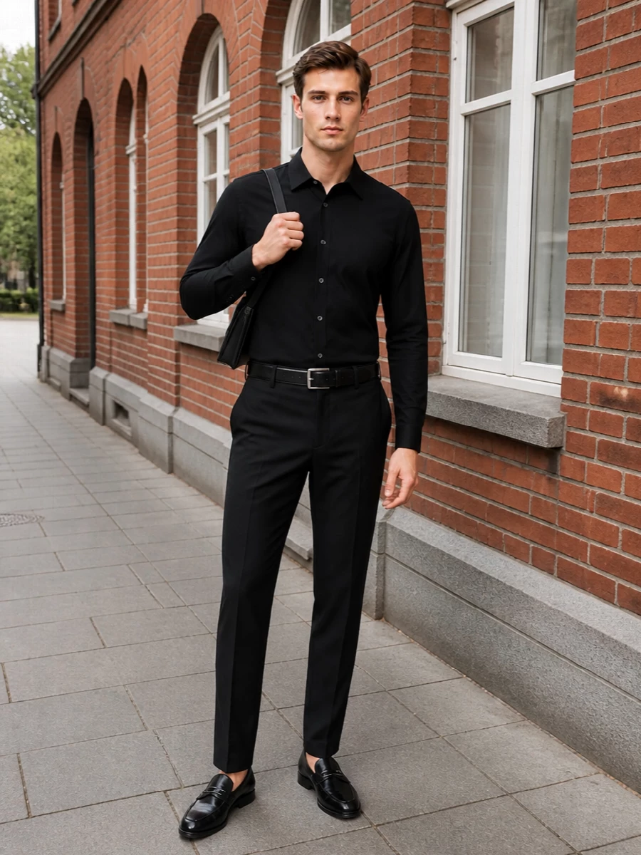 A pure black palette keeps this outfit sharp and quietly assured, letting cut and finish do the talking. The straight-leg tailoring and clean shirt line read formal but not stiff, ideal for dinners, events or late office days. Silver hardware on the belt and loafers adds just enough definition without disturbing the minimalist calm.