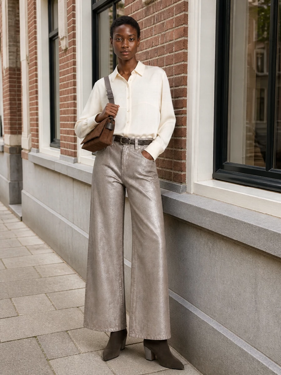 Brunello cucinelli metallic jeans silk shirt outfit
