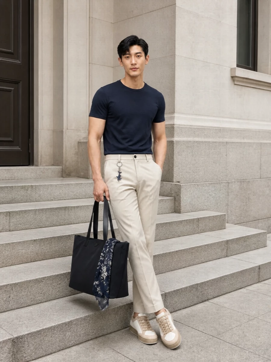 A navy tee and light beige chinos keep things sharp but relaxed, with the contrast giving a clean, coastal feel. Off-white and sand sneakers echo the softness of the trouser while staying grounded and minimal. A deep navy tote and tonal scarf quietly tie the palette together for easy city-to-shore days.