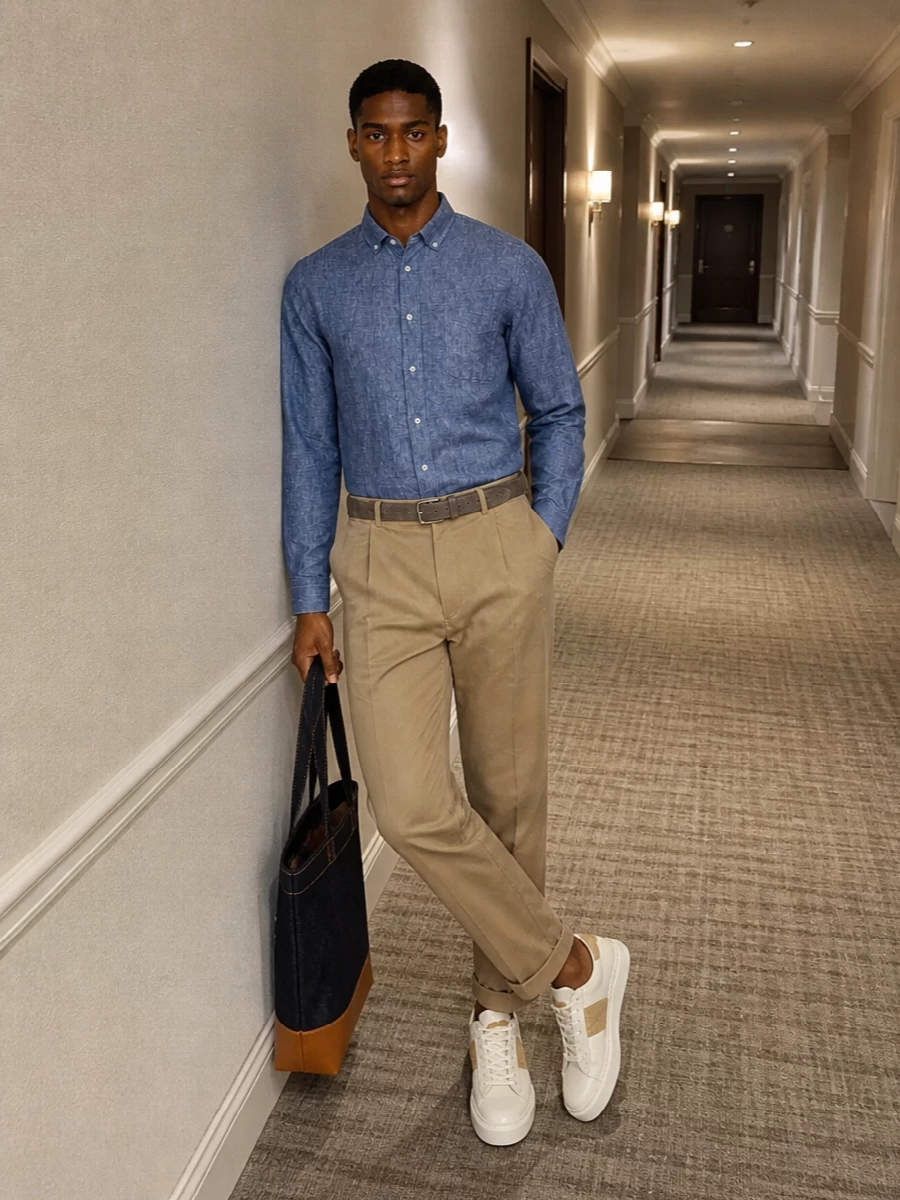 Beams plus chambray shirt khaki chinos outfit
