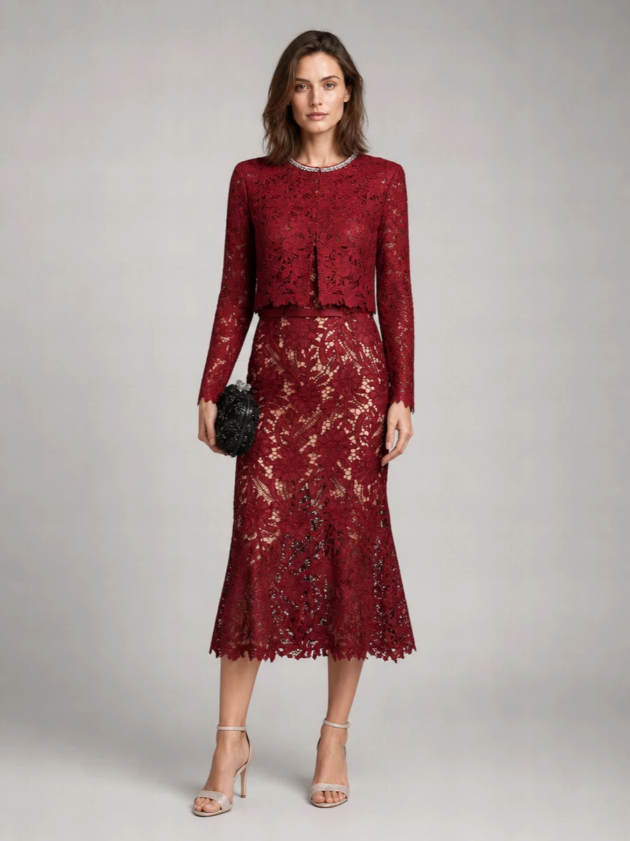 Self-Portrait Lace Crystal-Embellished Crewneck Long-Sleeve Top