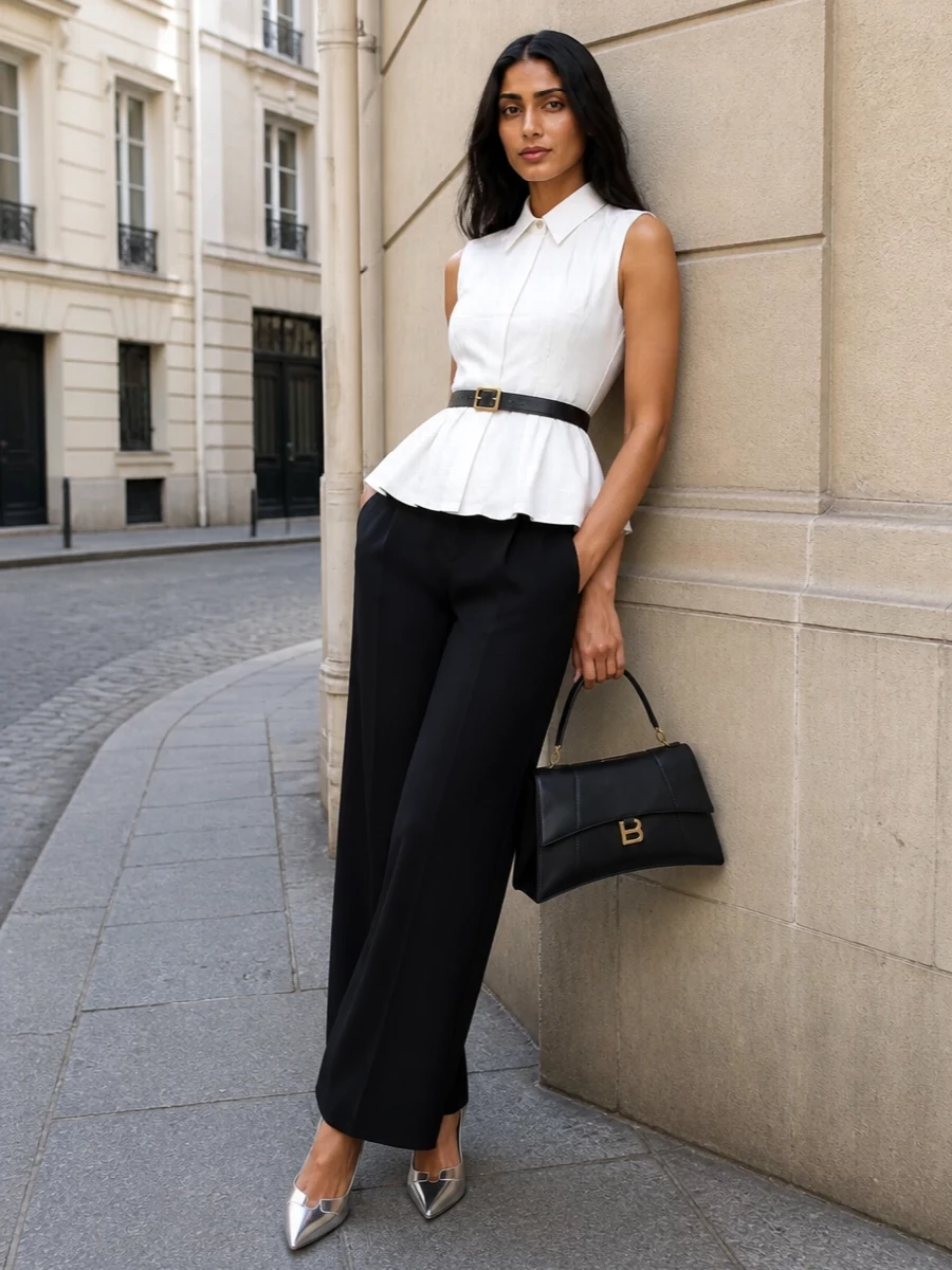 High-waisted black Sportmax trousers are paired with a crisp white sleeveless peplum shirt for a sculpted, monochrome look that feels sharp yet light for SS. Metallic-silver Prada pumps and a structured Balenciaga top-handle bag introduce refined shine and structure, while a slim black Prada belt neatly defines the waist for a quietly powerful, evening-leaning tailored outfit.