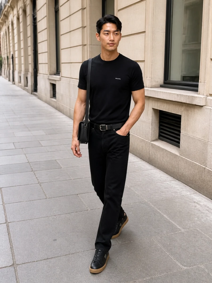 Prada black t shirt trousers minimalist outfit