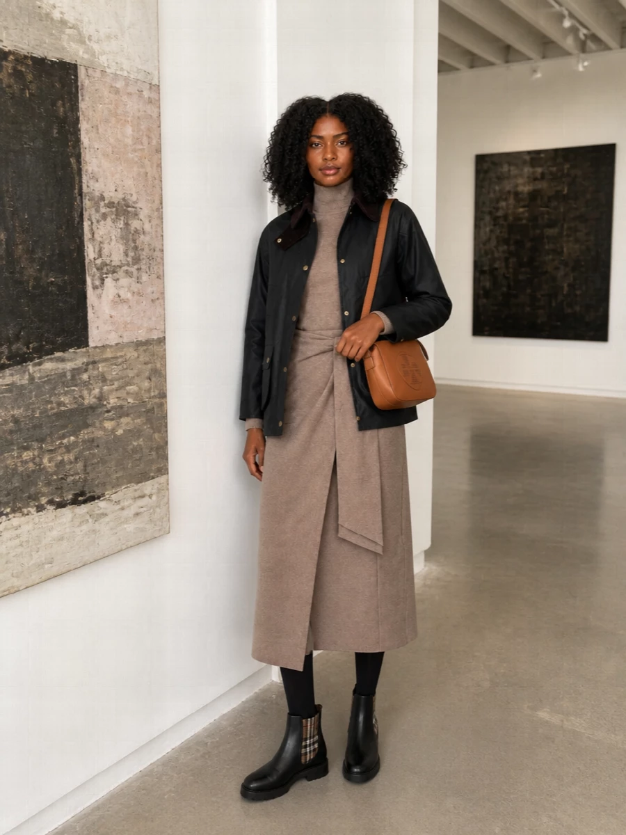 Barbour wax jacket max mara knit dress outfit