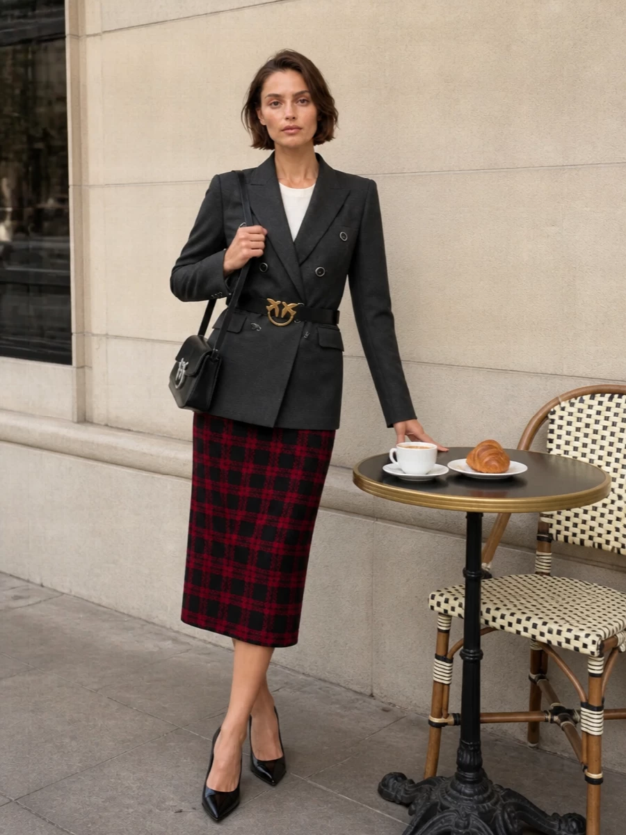 Pinko tartan pencil skirt charcoal blazer pumps