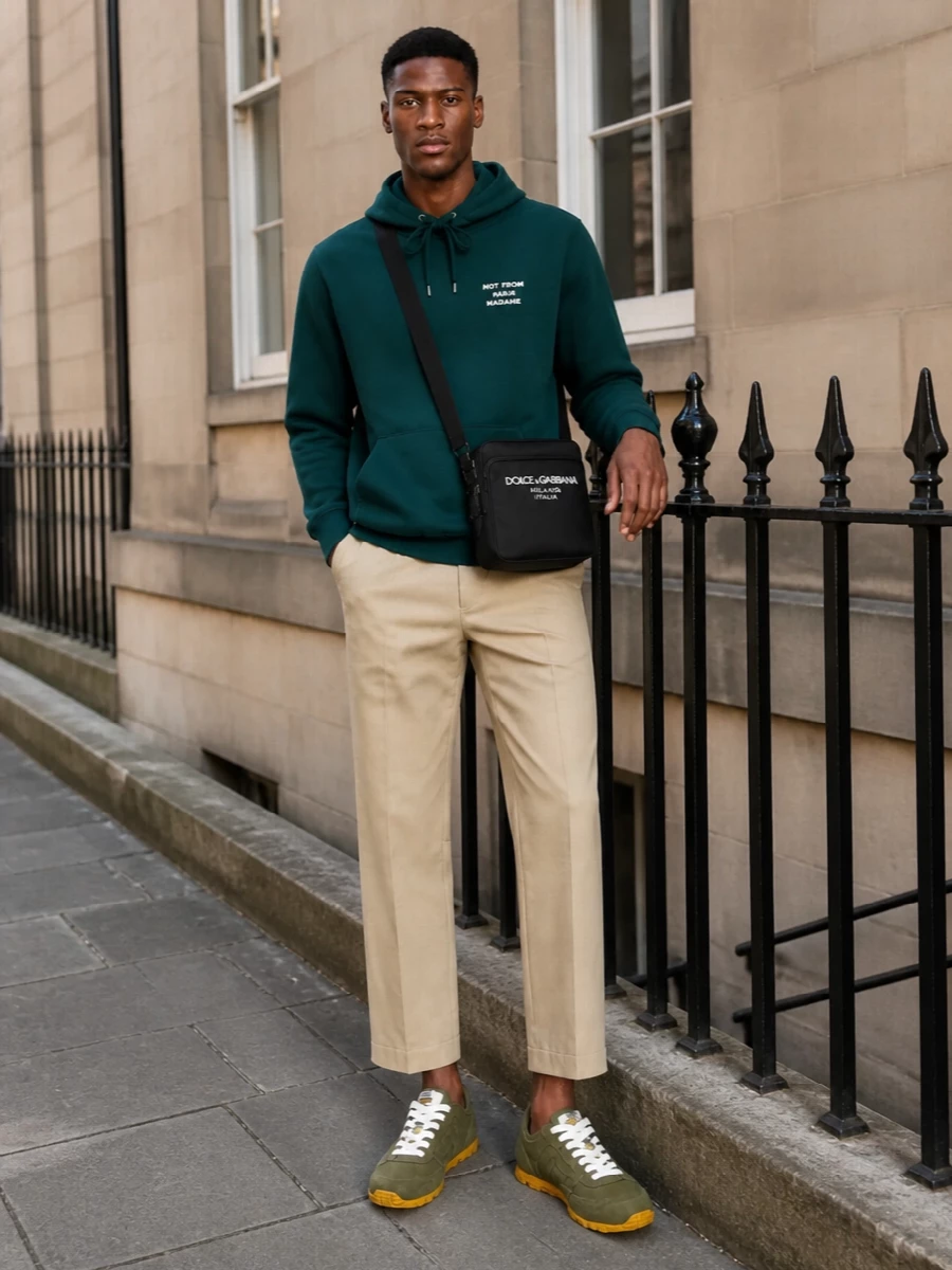 Street-sport energy with a grown-up twist: the deep teal hoodie and cropped khaki trouser frame the olive Balmain sneakers without drowning their color. The clean black crossbody keeps it practical and urban, ideal for city days that move between errands, coffee runs and low-key hangs.