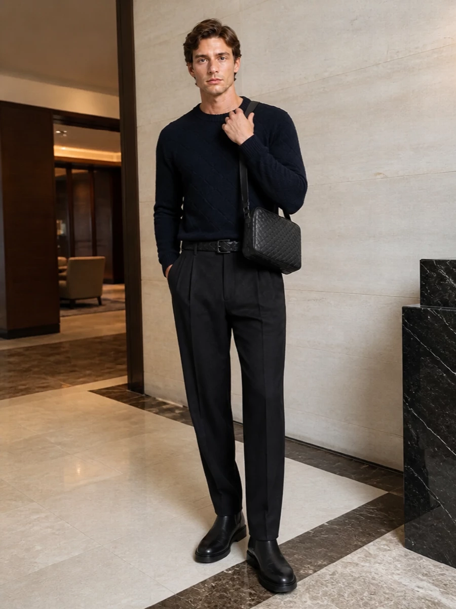 Bottega veneta navy sweater charcoal trouser outfit