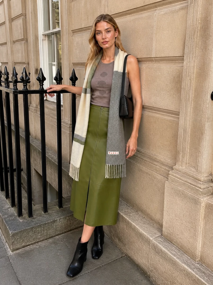 Taupe-grey and olive play quietly off each other here, with the fitted tank cut clean against the sharp leather midi for a modern, architectural line. Black ankle boots and a slim black shoulder bag ground the palette, keeping the mood pared-back and considered. A brushed color-block scarf introduces just enough softness to balance the structure without breaking the minimalist tone.