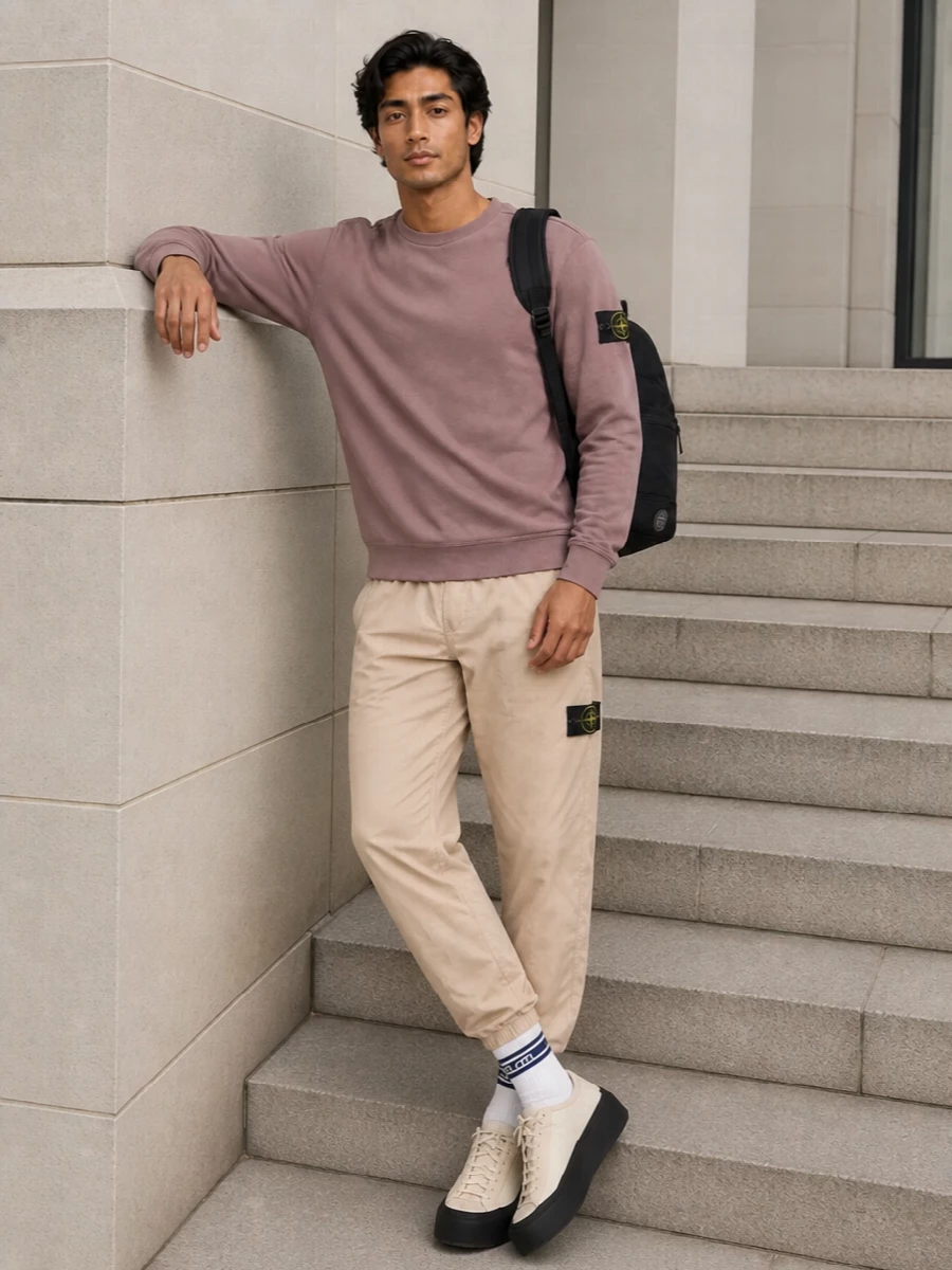 Dusty mauve up top and light beige down low create a soft, modern gradient that still feels sharp thanks to the technical Stone Island details. The neutral runners and black-accented backpack anchor the palette and echo the brand’s patches, giving a clean city-ready finish.