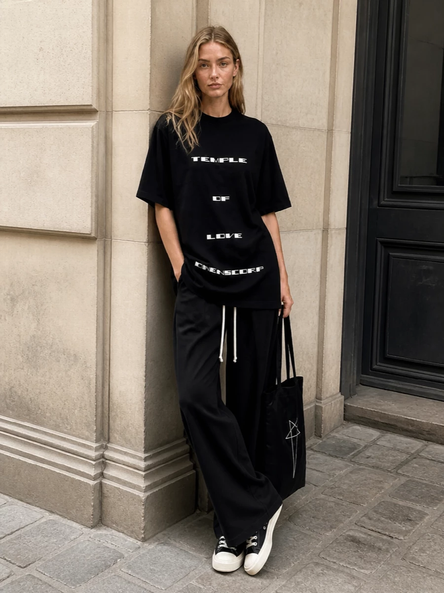 Rick owens drkshdw black wide leg trousers outfit