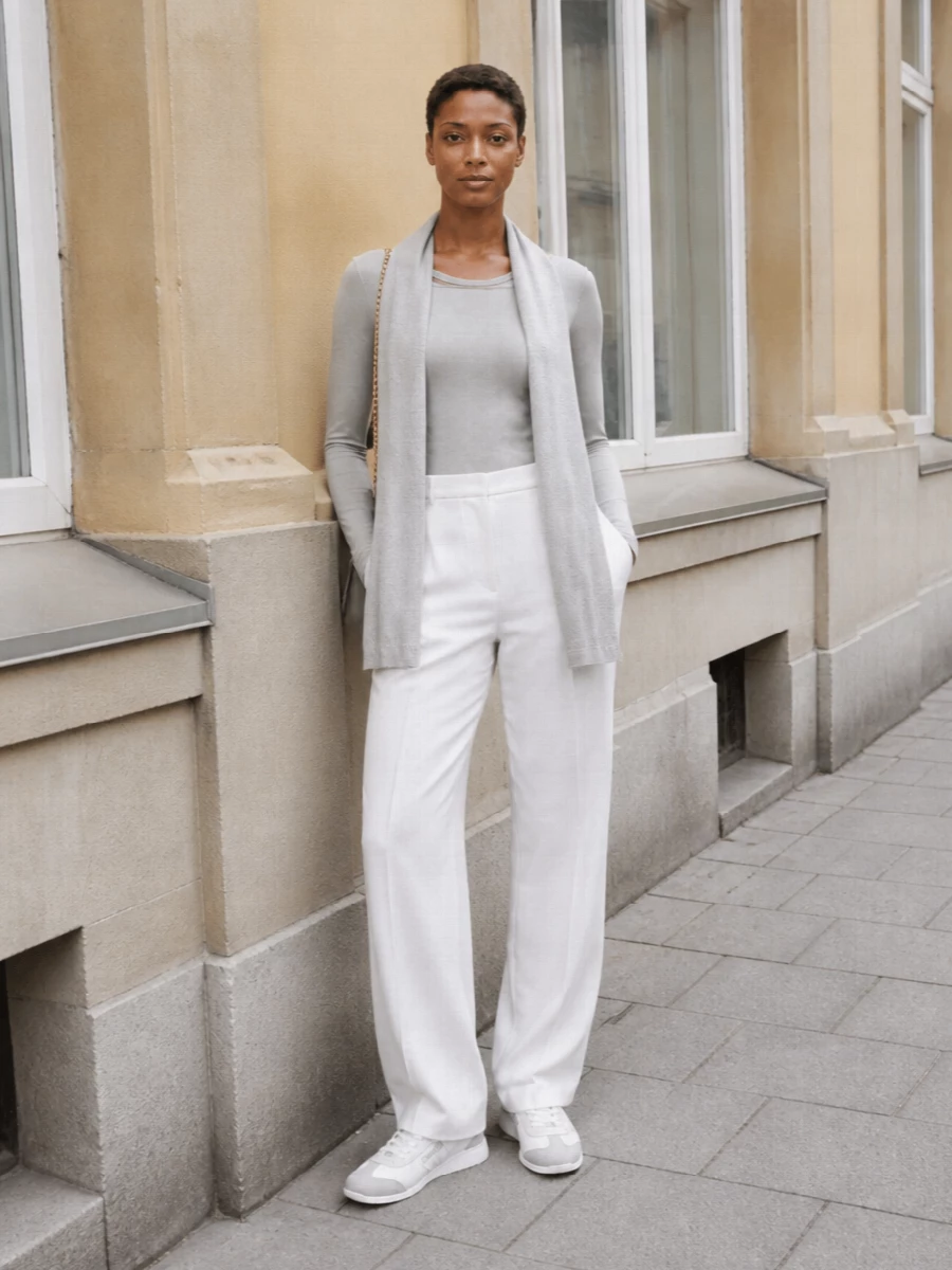 Pinko grey knit top white wide leg trousers