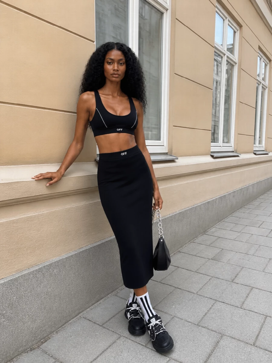 Off white bra top knit midi skirt sneakers