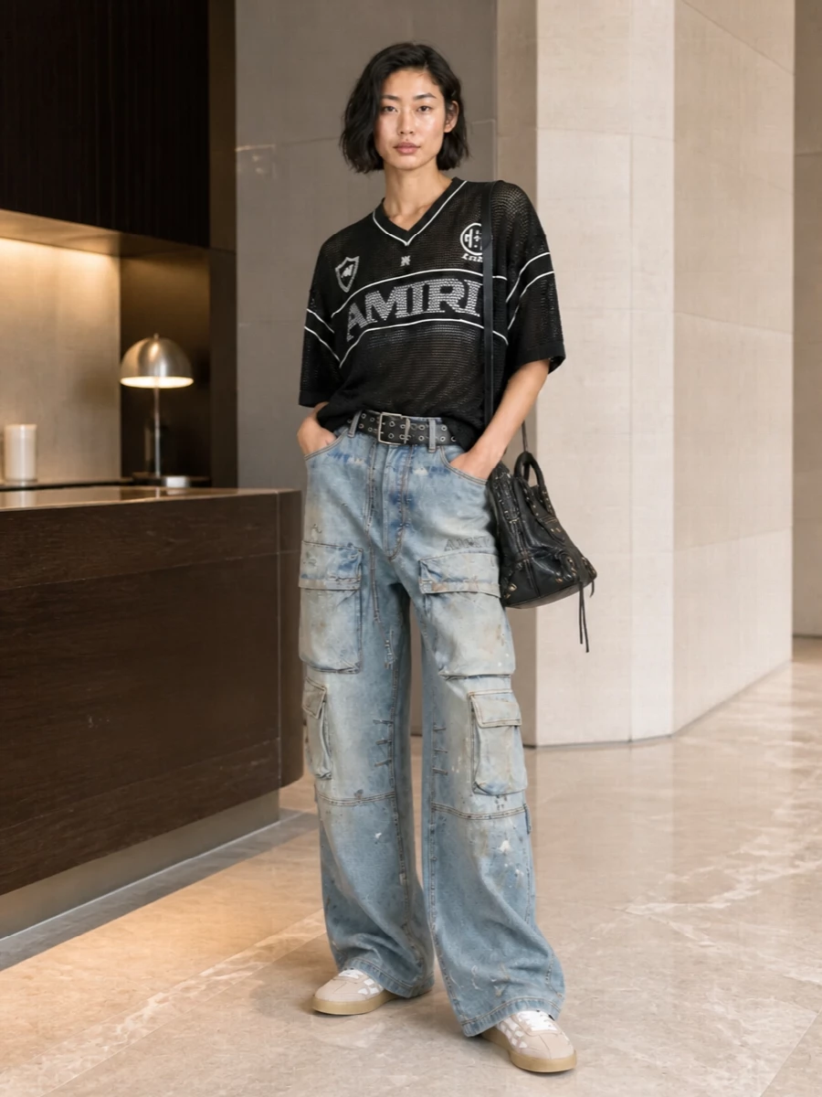 Amiri cargo pants mesh jersey balenciaga bag