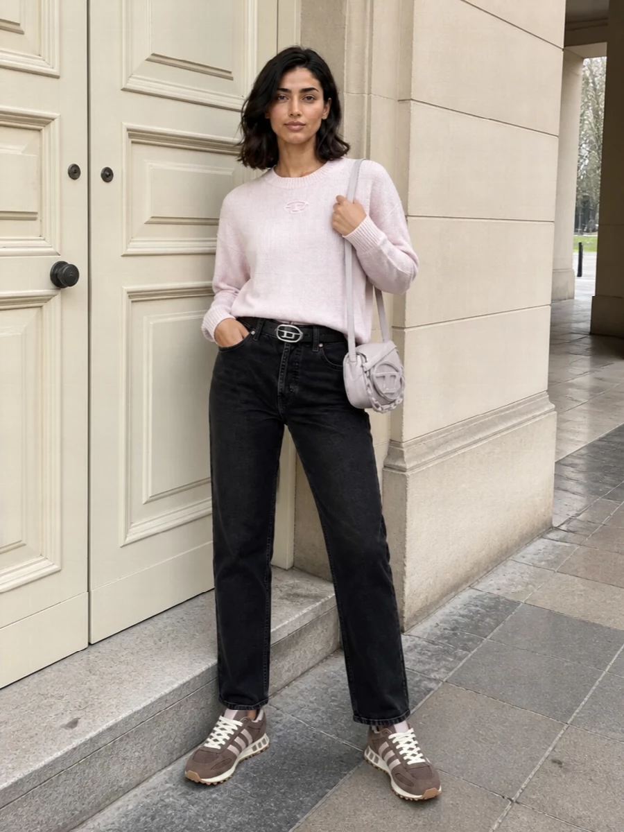 Diesel blush sweatshirt black jeans sneakers