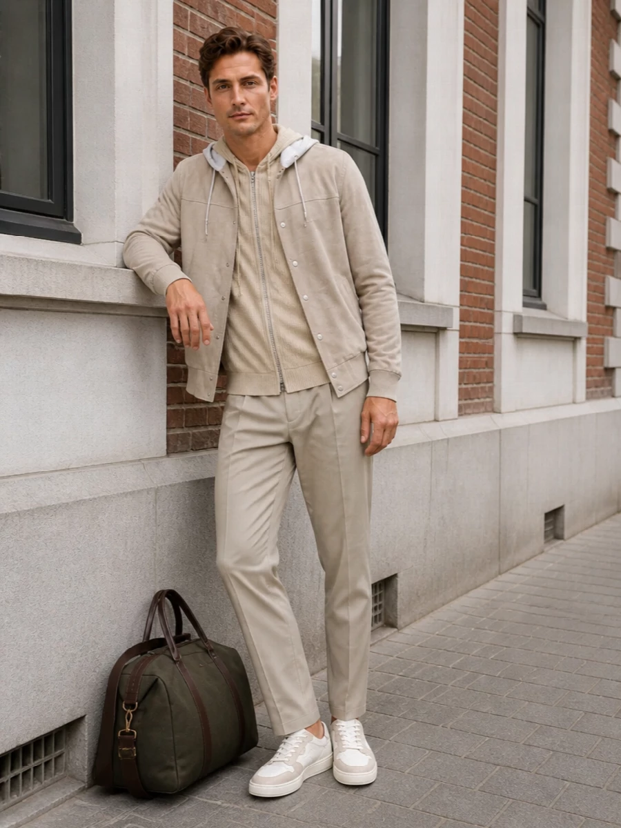 Eleventy suede jacket stone trousers outfit