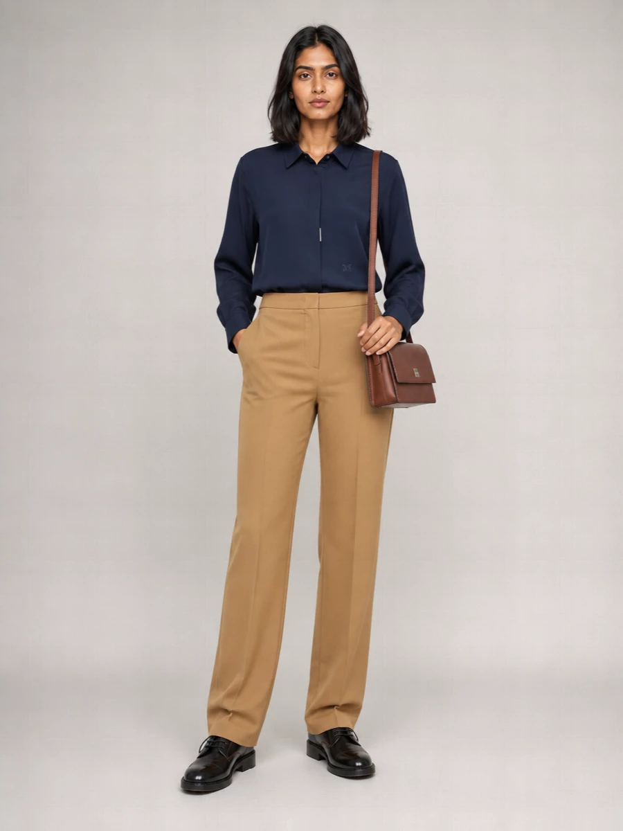 Navy and camel are doing the work here, giving you a clean, boardroom-ready palette that still feels soft. The long, high-rise trouser elongates the line under the regular-fit shirt, while the structured derby and compact chestnut bag keep everything grounded and intentional. A camel scarf finishes the story in the same calm, tailored language rather than adding noise.