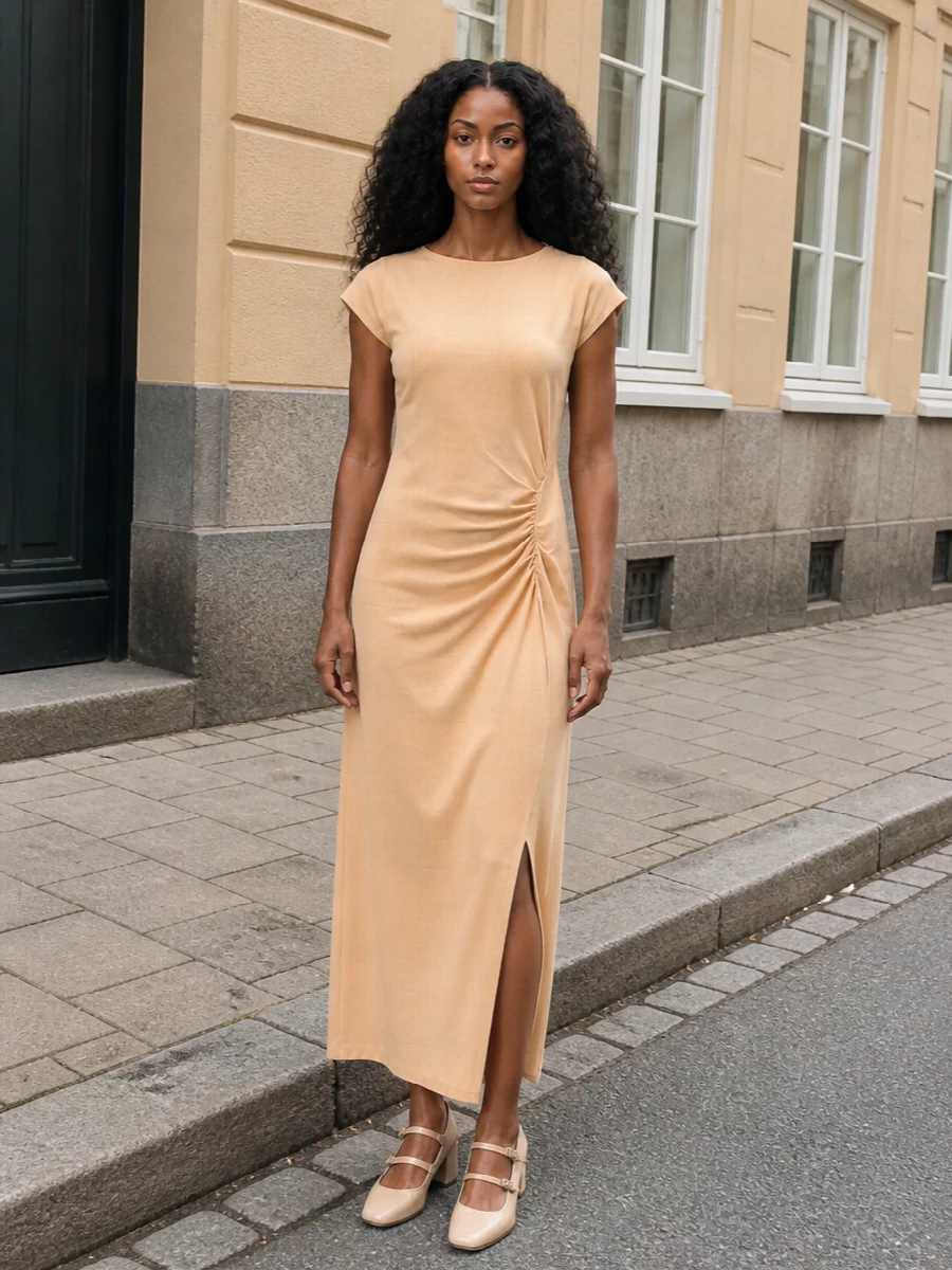 The sand Isabel Marant midi and nude Carel slingbacks create a long, tonal line that feels romantic yet understated, ideal for warm-weather dinners or polished daytime plans. I chose the dress path rather than separates to echo the shoes’ retro-feminine simplicity with one clean, uninterrupted silhouette. The Courrèges buttercream clutch finishes the palette in a single soft gesture, adding just enough structure to keep the mood quietly composed rather than casual.