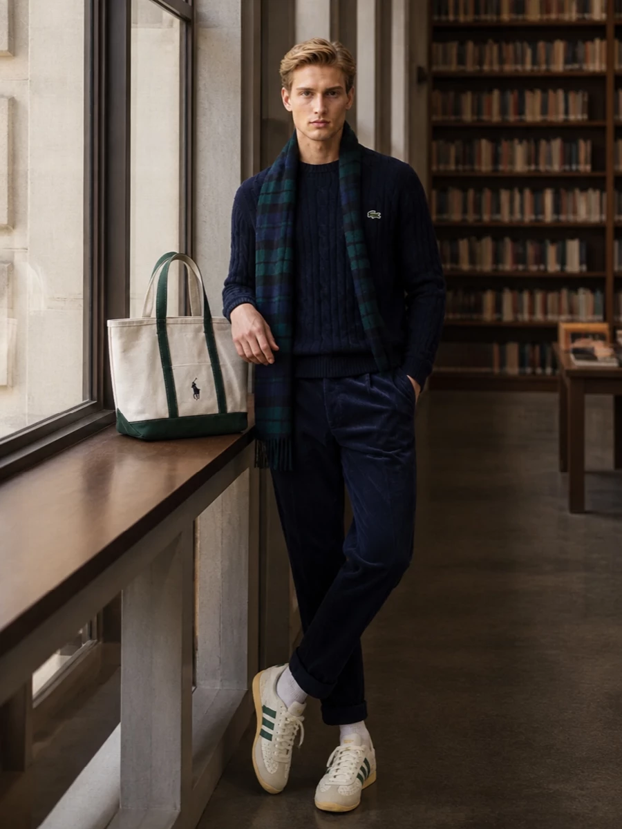 Lacoste navy cable sweater polo corduroy chinos