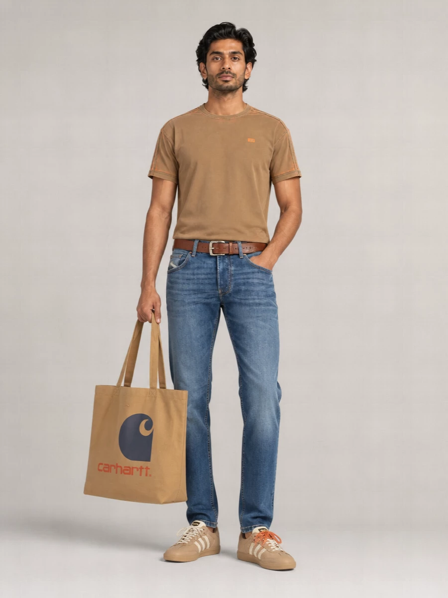 Camel and burnt orange sit against lived-in mid-blue denim for an easy, warm-toned streetwear uniform. Sand-and-cream sneakers and a workwear-style tote keep the mood relaxed but considered, with a cognac belt lightly framing the denim without stealing attention.