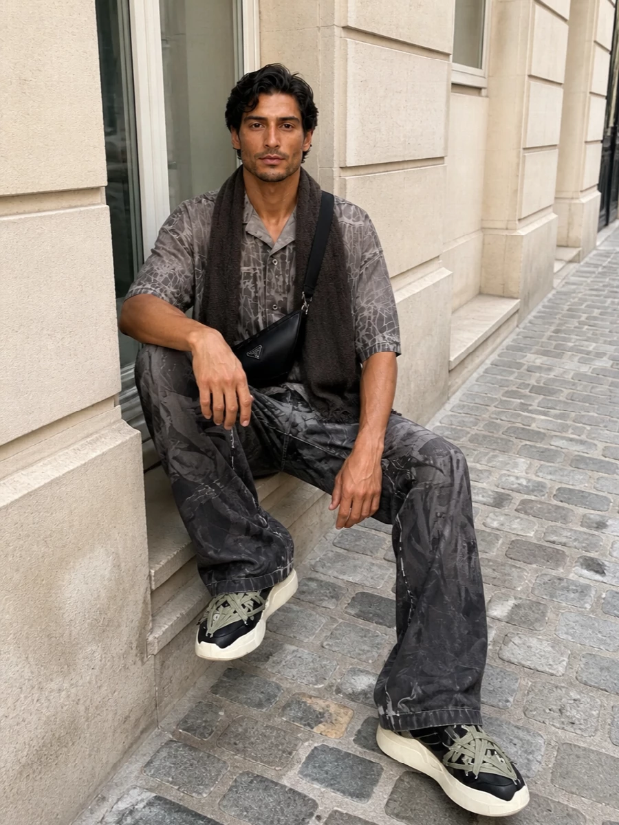 Rick owens printed shirt wide leg jeans outfit