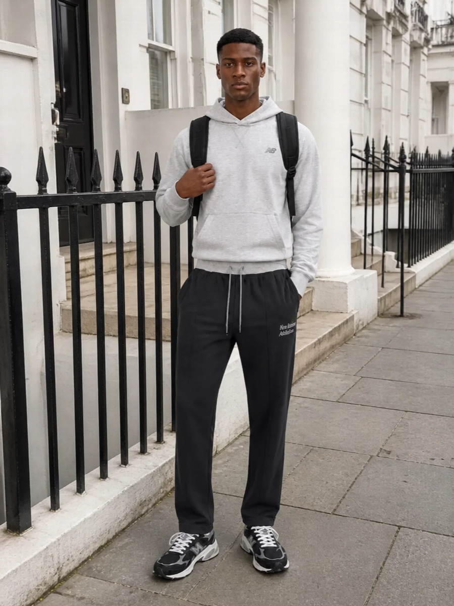 New balance grey hoodie black track pants outfit