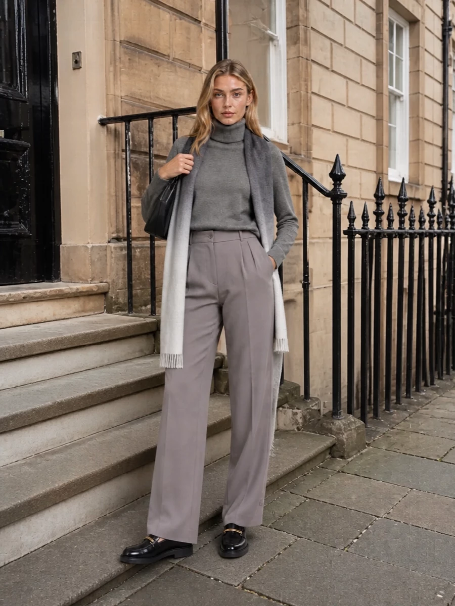 Frankie shop grey turtleneck taupe tailored trousers