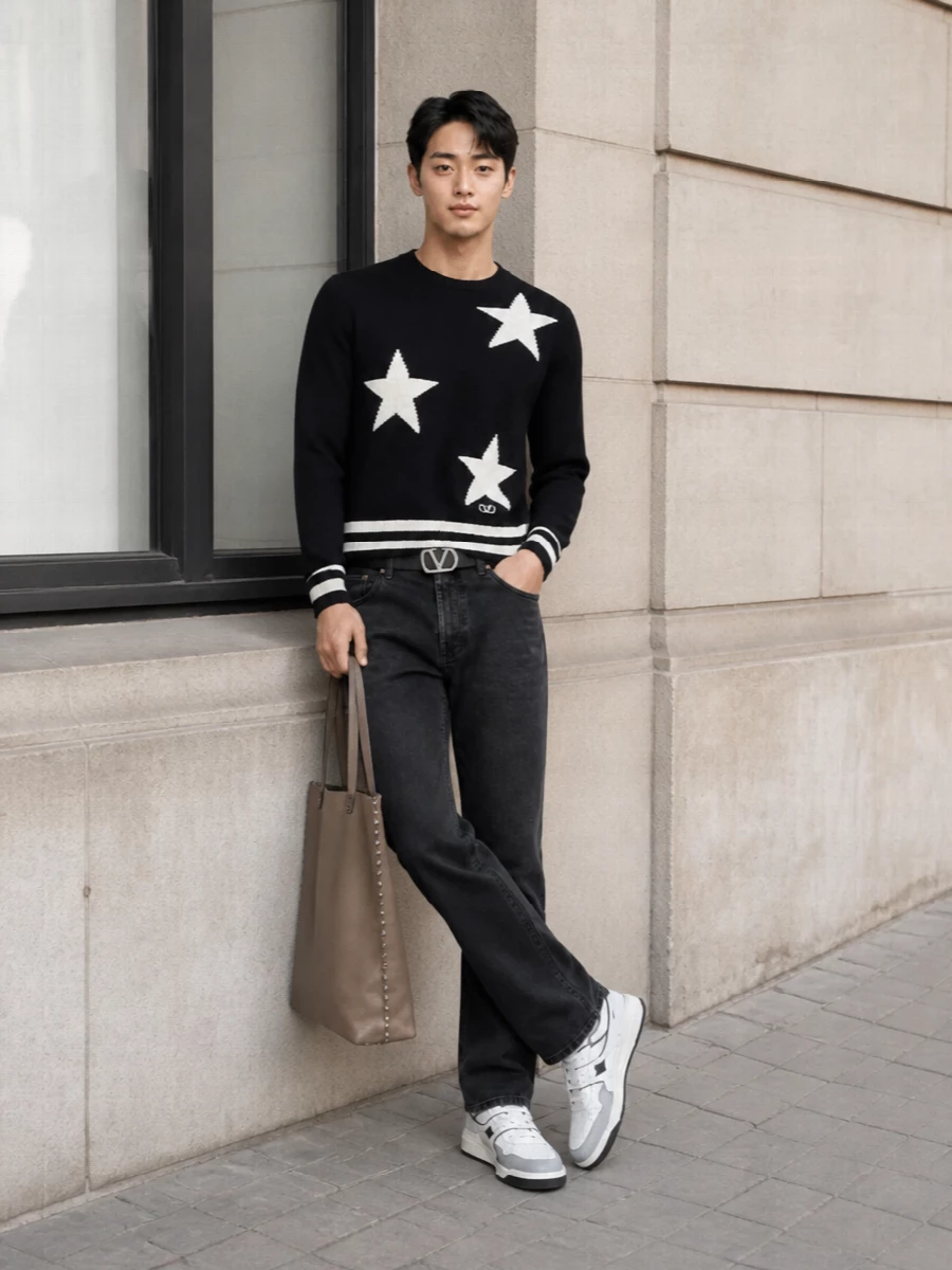 The star-intarsia navy knit sits over washed charcoal straight-leg denim for a refined, urban take on street-prep—graphic on top, quietly grounded below. Off-white and grey sneakers keep the palette clean and contemporary, while the taupe leather tote and slim logo belt add a discreet layer of Valentino-level polish to an otherwise relaxed silhouette. It’s an easy, SS-ready uniform that reads considered without ever feeling over-styled.