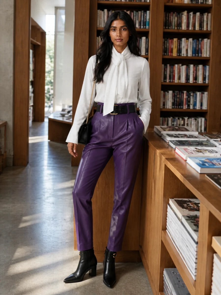 Deep-purple leather and a sculpted waist meet a fluid white scarf blouse for a precise, high-contrast take on evening tailoring. Black pointed ankle boots and a slim leather shoulder bag keep the focus on line and texture, while a structured waist belt sharpens the proportions. The result is polished, quietly dramatic, and ready for dinners where a tailored trouser makes the statement.