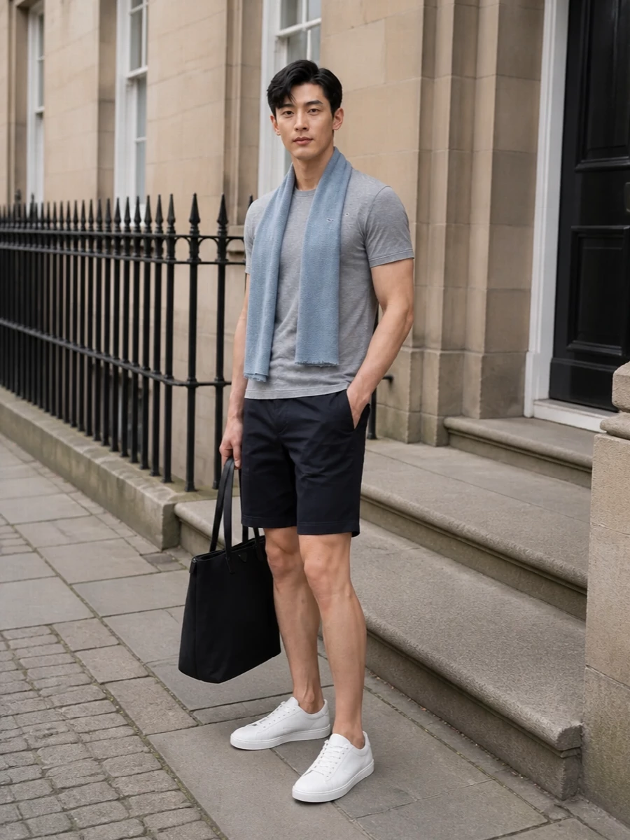 Paul shark grey tee navy shorts adidas sneakers