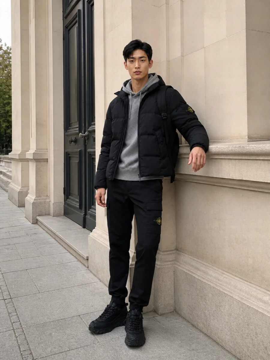 Stone island padded jacket cargo outfit
