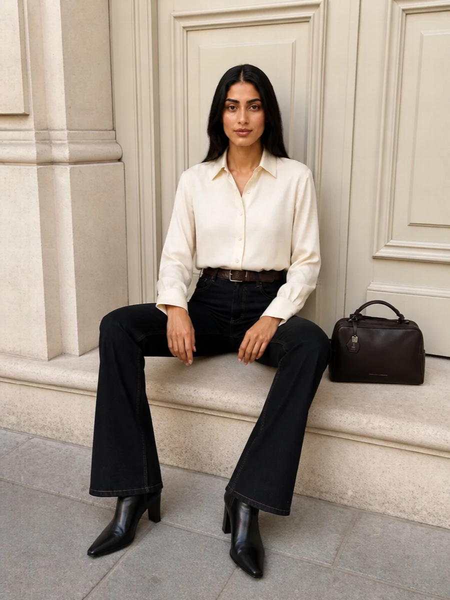 Brunello cucinelli silk shirt dark flare jeans