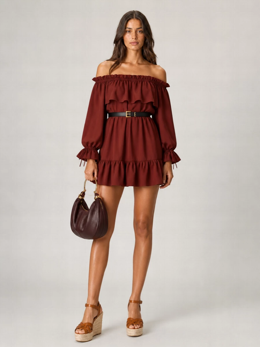 Saint Laurent Cotton Off-Shoulder Long-Sleeve Mini Dress