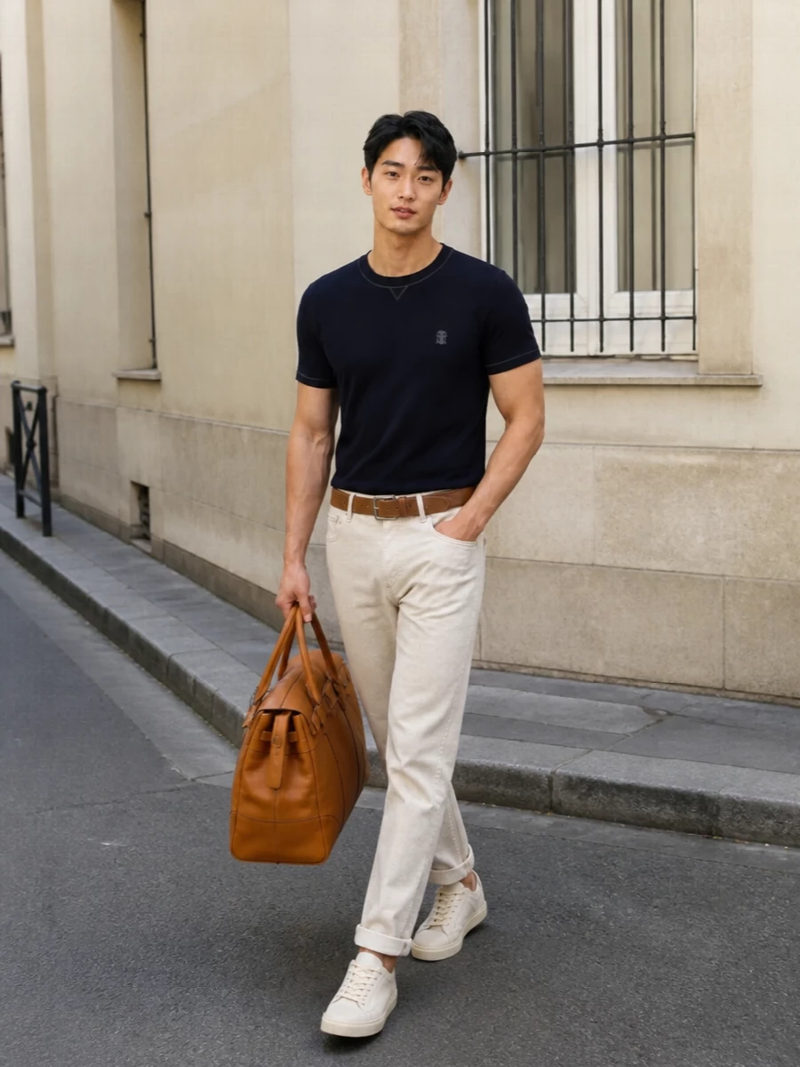 A deep navy Brunello tee is lifted with light stone cuffed trousers, creating a crisp navy–neutral contrast that feels effortlessly elevated for spring-summer. Creamy low-top sneakers keep the line clean and relaxed, while the camel suede belt and cognac weekender add warm, discreet touches of luxury that suit refined off-duty or travel dressing.