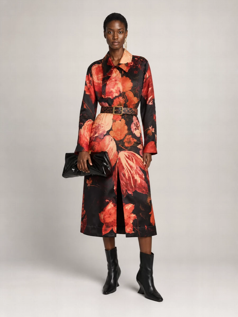 A Dries floral midi takes center stage, cinched with a dark brocade belt to sharpen the waist and underline its tailored romance. Sculptural black wedge boots and a glossy frame clutch keep the palette anchored in ink, so the coral and peach tones read rich, not loud. A single gold monogram earring finishes the composition with a clean, confident glint for night-time dinners and art openings.