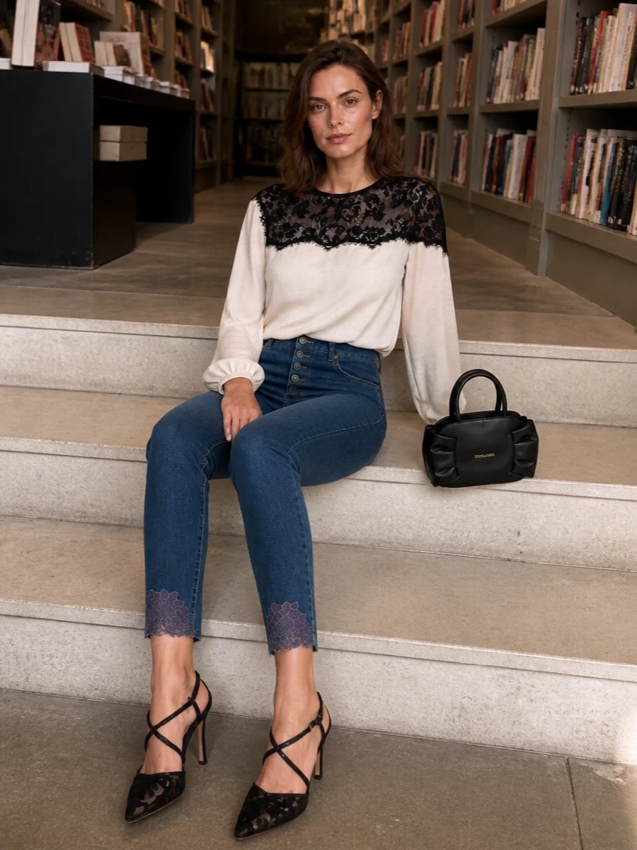 Romantic lace-trim denim is paired with a fluid ivory-and-black lace blouse for a soft yet polished evening mood. Black lace slingbacks and a sculpted mini top-handle bag echo the lace detailing, keeping the palette focused and refined. The result is a quietly luxurious dinner ensemble that feels feminine without ever tipping into fussiness.
