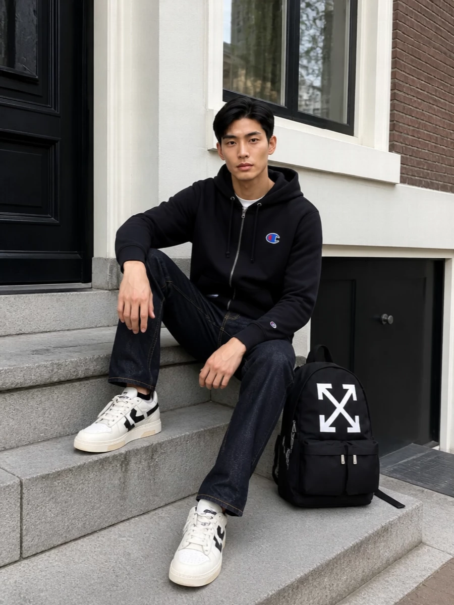 Undercover hoodie raw denim off white sneakers