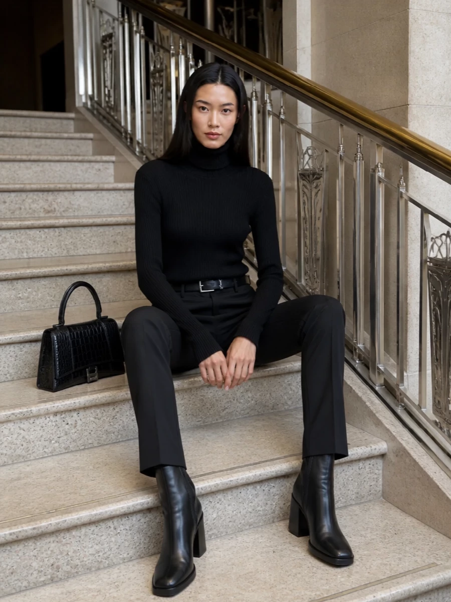 Balenciaga black trousers ribbed turtleneck outfit