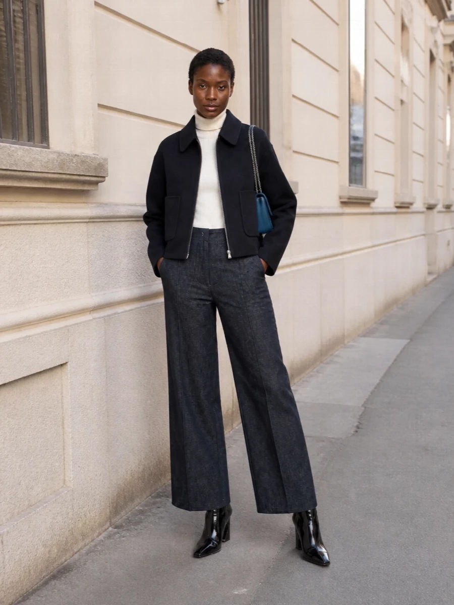 I am building around the trouser route rather than a dress, because the cropped, boxy Fendi jacket naturally wants a high-waisted, fluid leg and reads strongest as modern tailoring, not over an occasion dress. The ivory knit, charcoal-navy wide leg and inky knee-high boots create a long, columnar base under the cropped coat, keeping everything quiet, tonal and city-sharp. The deep blue shoulder bag slips in as a subtle colour accent, still aligned with the navy story, so the whole ensemble feels like discreet, confident Fendi suiting for cool-weather days and dinners alike.