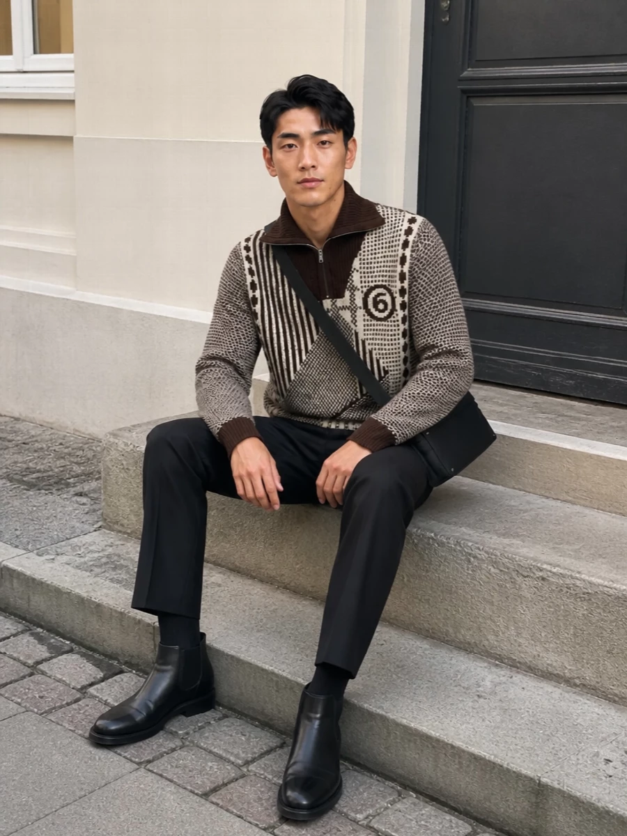 Mm6 margiela half zip geometric knit black trousers