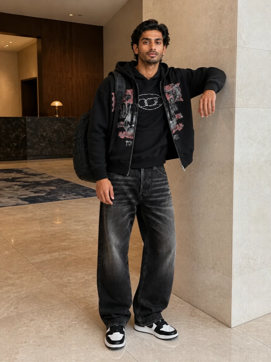 Diesel tour hoodie wide leg jeans outfit
