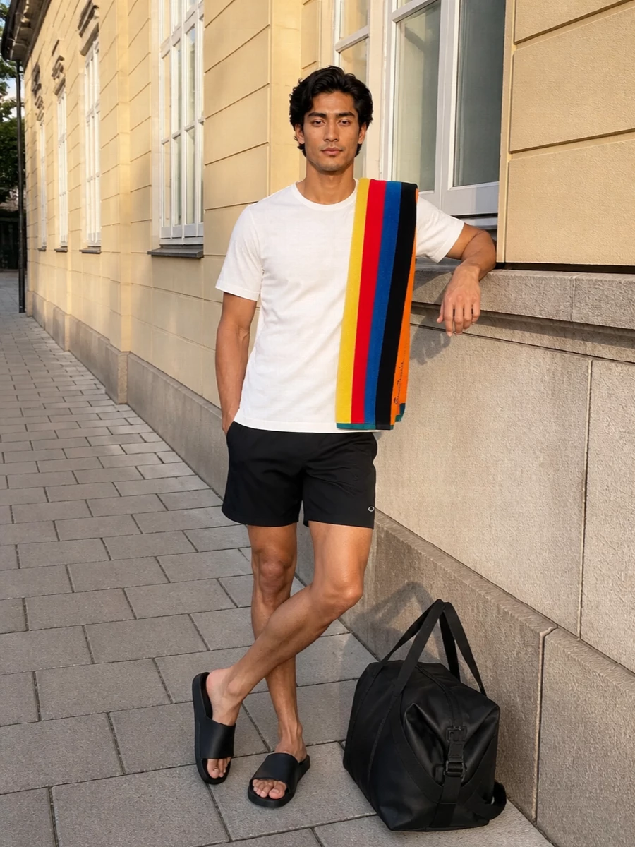 Oakley swim shorts white tee black slides