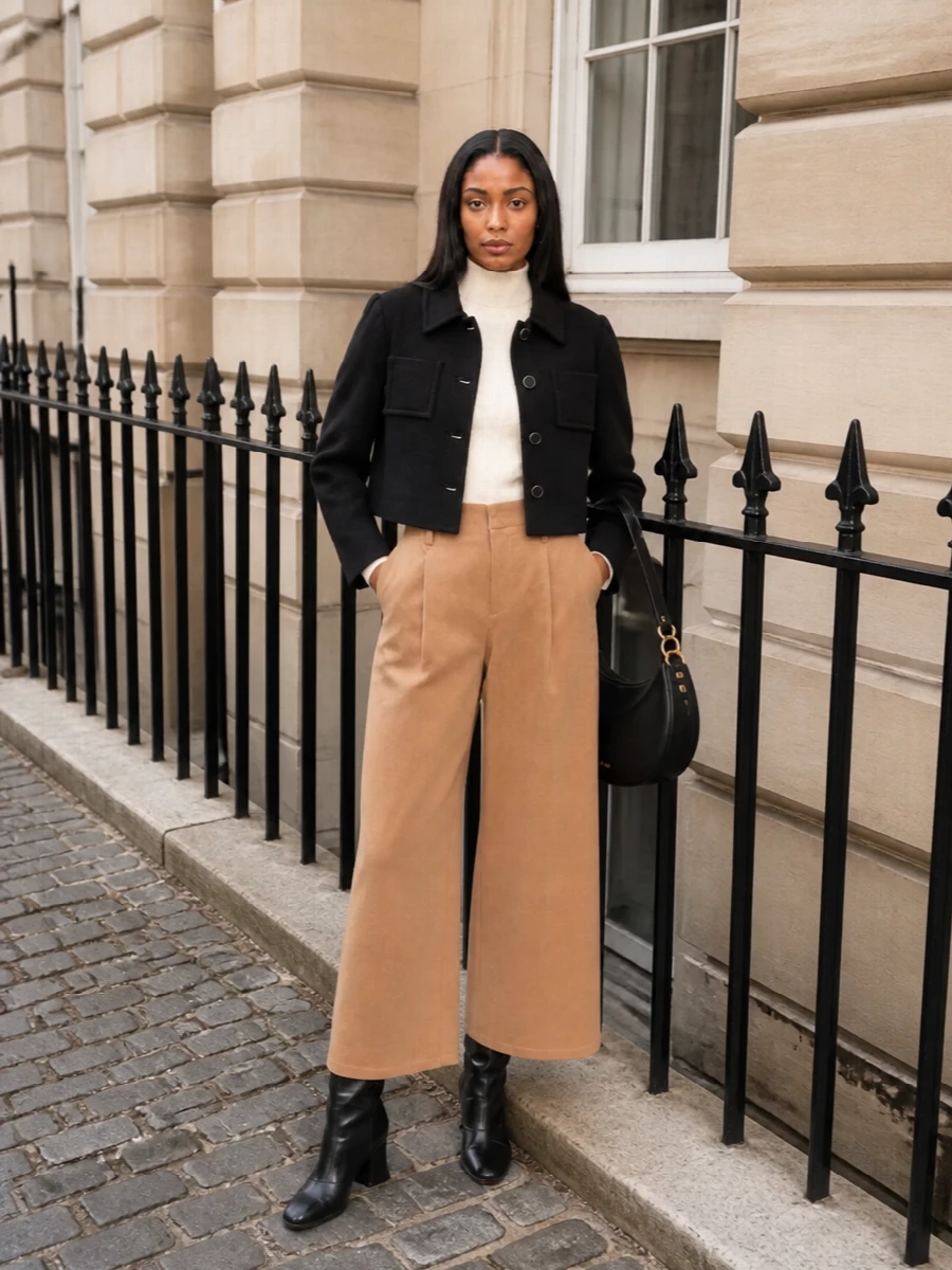 Chloe black wool jacket camel trousers outfit