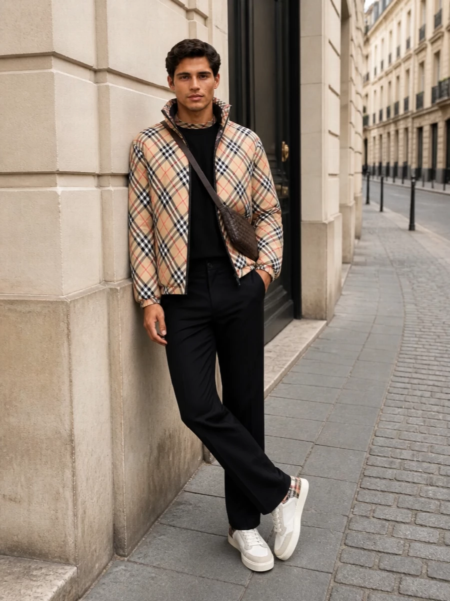 Burberry reversible puffer black chinos outfit