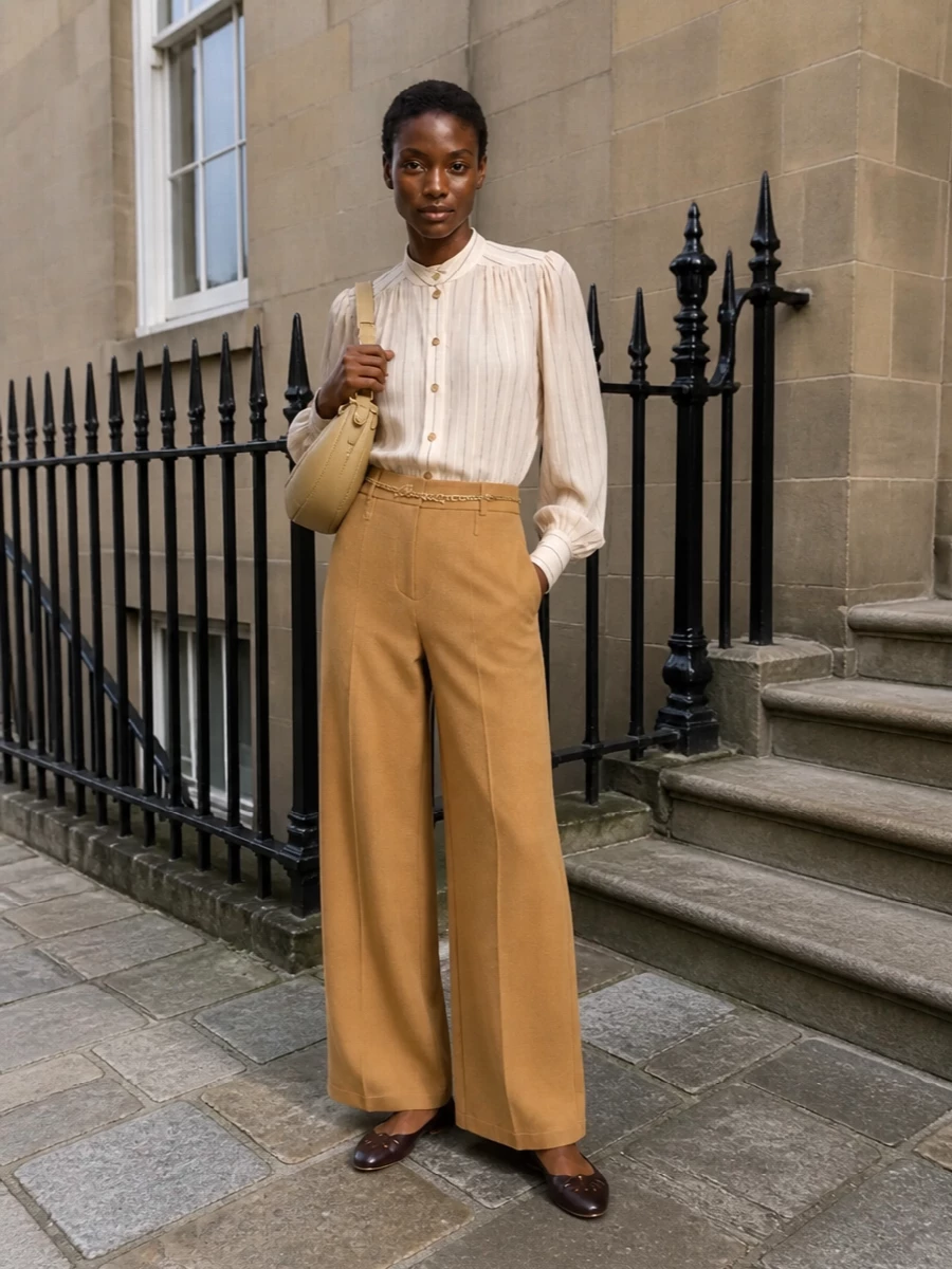 Chloe blouse camel wide leg trousers outfit